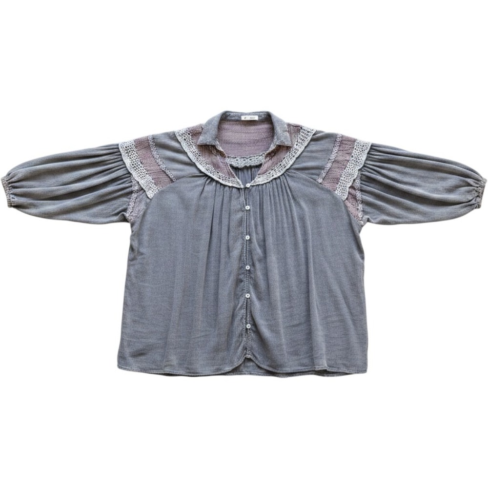 Oli & Hali Crochet Lace Button Down Top Women OS Slate Blue Gauze Boho MT1685